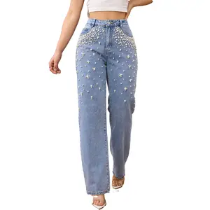 [US Shipping] MW Shiny Women's Pearl Embellished Wide-Leg Jeans High Waist Vintage Wash Denim Cotton Blend for Casual & Party All Seasons