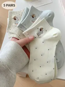 5 Pairs of Women's Spring/Summer Polka Dot Dachshund Ankle Socks Fit – Playful dachshund motifs on a classic polka dot background, retro-chic and full of charm, ideal for everyday wear Casual Socks Graphic Ankle Socks