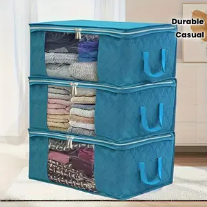 3-Pack Foldable Storage Bags for Bedding, Durable Handle, Zipper Closure, Transparent Window, Non-Woven Material, Home Organization