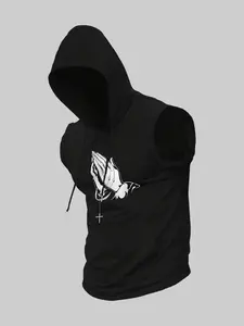 Men's Regular Fit Cross Print Hooded Tank Top, Casual Sleeveless Hoodie Vest for Daily Wear, Fashion Men's Clothes for All Seasons, Sweatshirts
