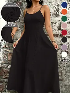 Plus Size Women's Casual French Style Chic Plain Long Dress, Adjustable Thin Straps, Slimming A-Line Skirt, Perfect for Daily Wear