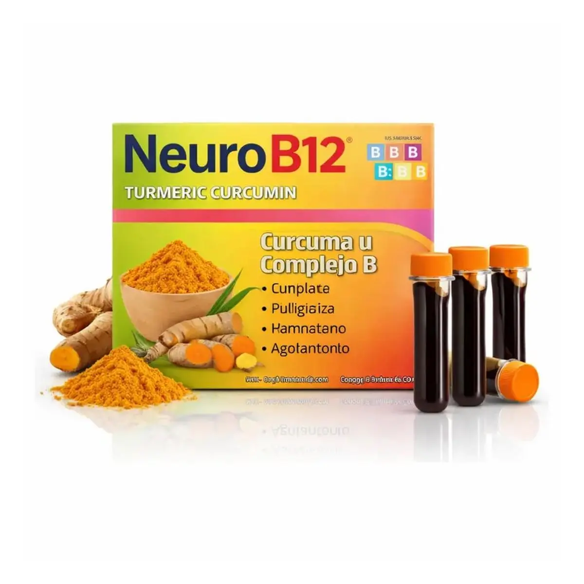 NeuroB12 Turmeric Curcumin B-Complex Liquid Shots - Vitamin B12 & Turmeric Drinkable Supplement, 12 Vials x 15 mL