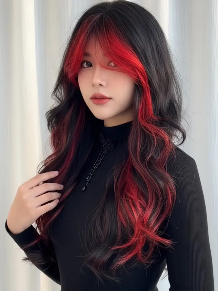 Women's Thick 24-Inch Classic Halloween Synthetic Wig, Medium Waves Black-Red Gradient Hair with Center Part, Secure Adjustable Breathable Mesh Cap for Daily Wear & Gatherings
