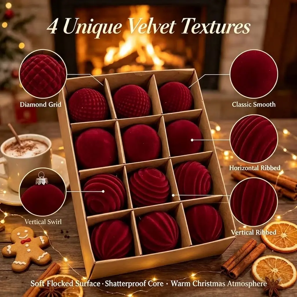 12-piece padded anti-break Christmas ball decoration set - Deep red multi-textured velvet soft surface Christmas tree ornaments, available in dark green, royal blue, and coffee brown options