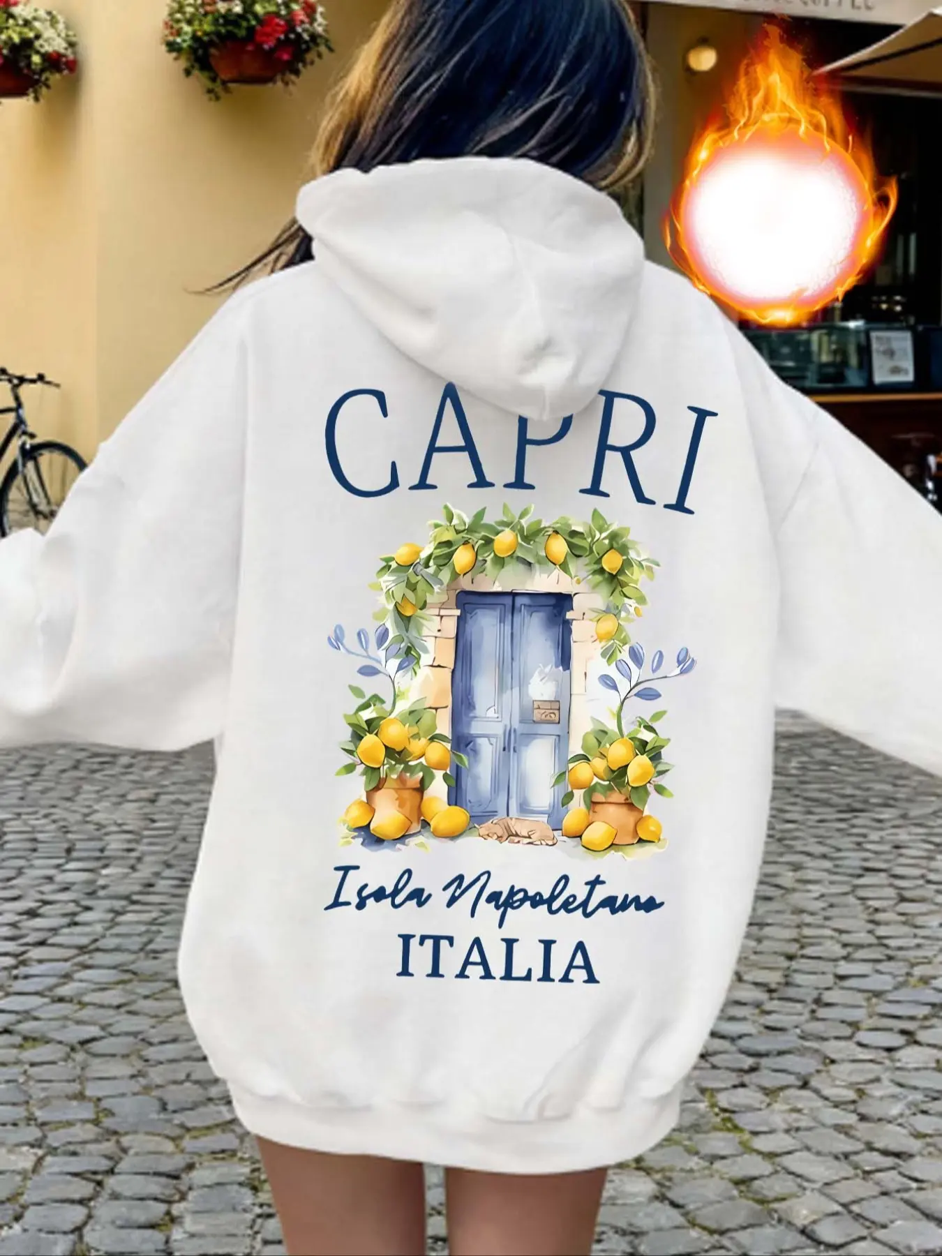 Women's Italian Capri Island Hoodie, Naples Lemon Flower Print, Fall & Winter Casual Fitted Sweatshirt, Graphic Style