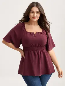 【Summer Turn-Up】【Neck-Lengthening】BlOOMCHIC Plus Size Burgundy Square Neck Ruffle Sleeve Fitted Blouse Waist Cinching Summer Wear Shirts Formal Ribbed Red Top Basic Casual Minimalist Short Sleeve Bodycon Clothes [M-6X] 2026 Summer Pick for Mother's Day