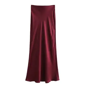 Ladies Solid Color Satin Midi Skirt - Wine