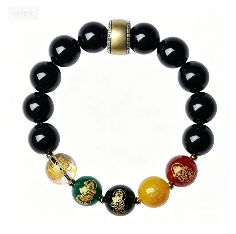 Taoist Five Gods of Wealth Obsidian Bracelet - Prosperity & Protection