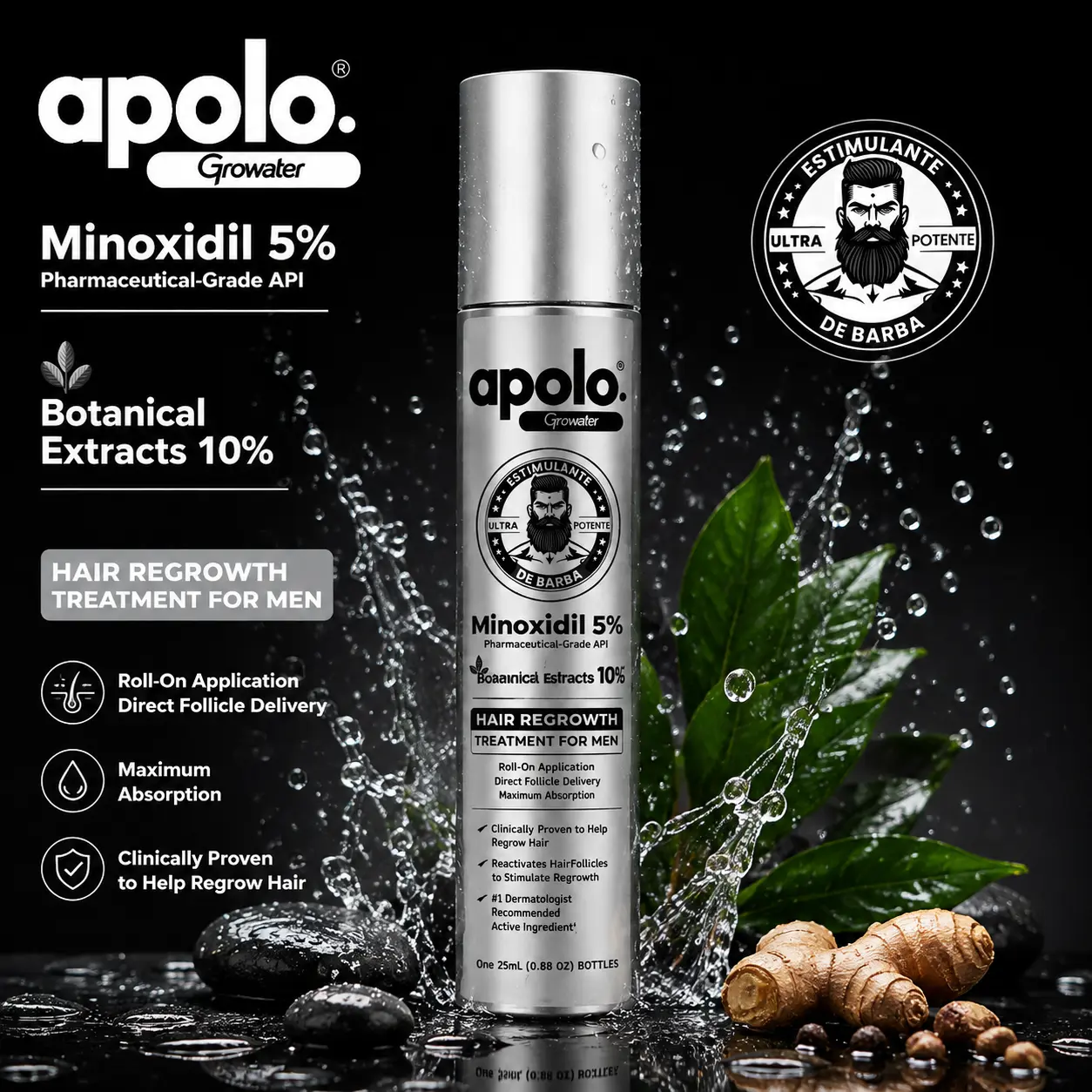 Apolo Growater 5% Minoxidil Beard Growth Roller Serum 10% Botanical Extracts Men Beard Regrowth Treatment Roll-On Beard Booster for Patchy Beard
