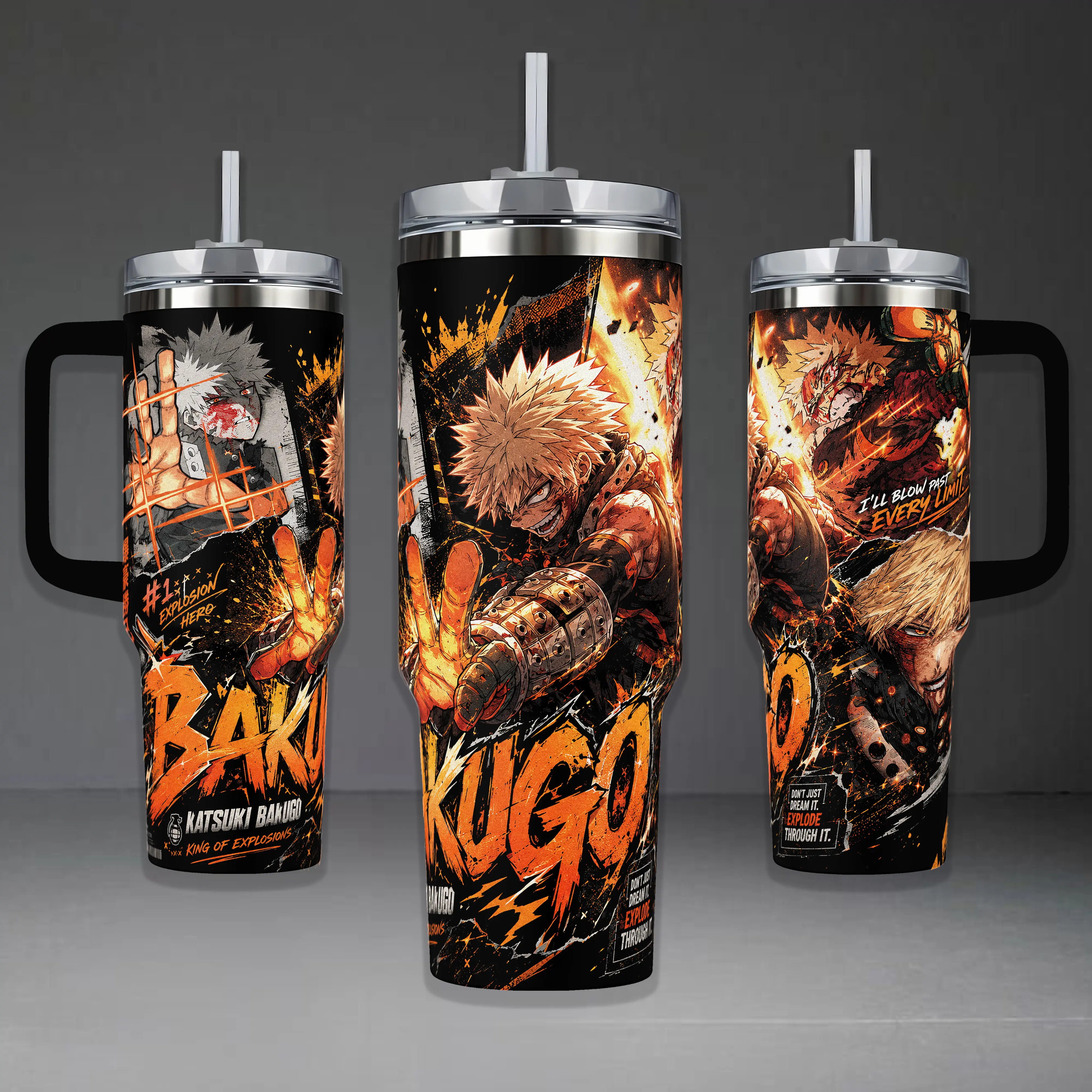 My Hero Academia "Katsuki Bakugo - King of Explosions" Anime Tumbler, 20oz & 40oz Insulated Travel Mug with Handle. Epic Explosion Hero Graphic Merch, Orange & Black Aesthetic Design, Perfect Gift for Fans