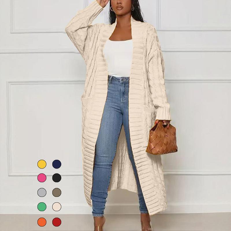 Women's Solid Color Textured Drop Shoulder Pocket Longline Cardigan, Casual Open Front Long Sleeve Knitwear for Fall & Winter, Women's Knit Clothing for Daily Wear, Lady Baggy Cardigans for Women, Womenswear, Casual Knit Top