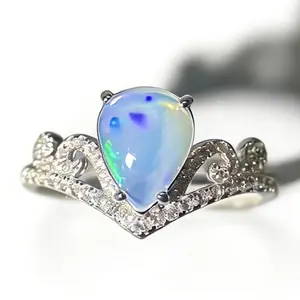 Adjustable 925 Sterling Silver Crown Design Pear Shaped Opal Ring