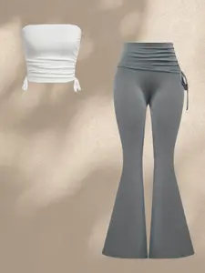 Spring Summer Sleeveless Strapless Halter Cropped Top, Side Gathered Tie Belt, Slimming Waist, Casual Pure Color, Comfortable Leg Shaping Bell Flared Pants Set