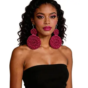 Boho Raffia Statement Earrings – Handmade Woven Raffia Drop Earrings – Lightweight Summer Beach Jewelry – Natural Fiber Fashion Earrings