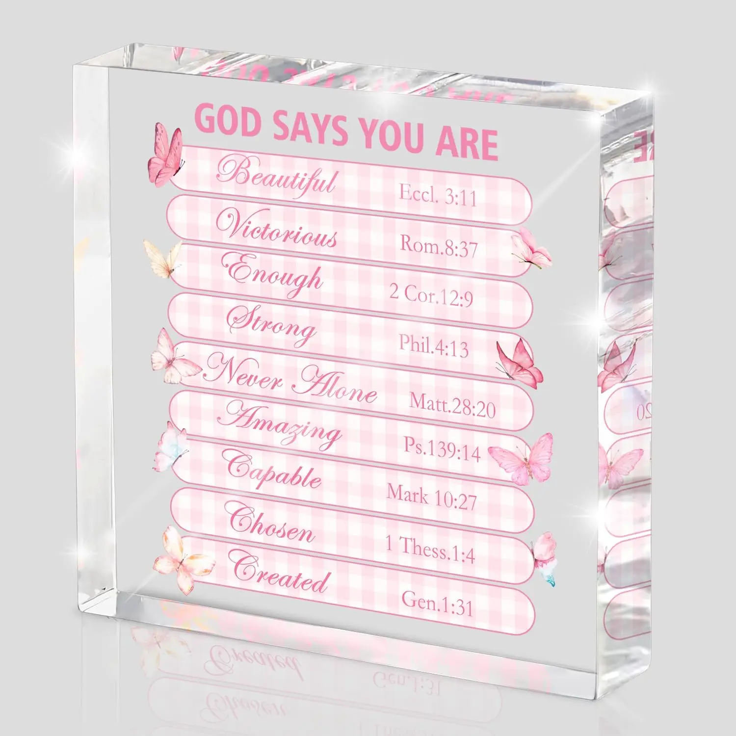 Pink Christian Wall Decor - 4x4 Inch Acrylic Decorative Wall Sign with Butterfly Graphic, Inspirational Bible Verses for Bedroom and Office, Faith-Based Gift for Women, Home Decor Gifts, Acrylic Plaque Sign, Signage, Office Home Decor