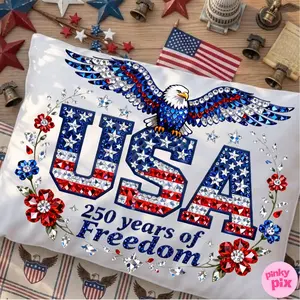 USA 250 Years of Freedom T-Shirt Rhinestone Patriotic Floral Eagle Stars Flag Design