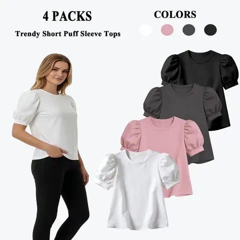 Women's Trendy 4-Pack Puff Sleeve Chic Blouses - Summer Long Tunics, 4 Tops in 1 Set, Dressy Casual Going Out & Business Casual Women's Tops