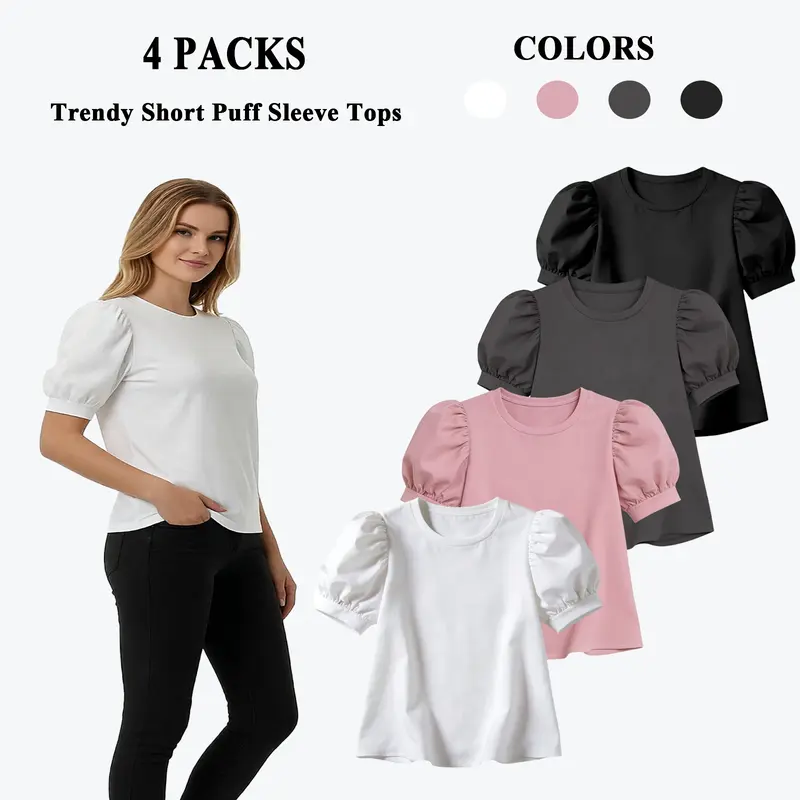 Women's Trendy 4-Pack Puff Sleeve Chic Blouses - Summer Long Tunics, 4 Tops in 1 Set, Dressy Casual Going Out & Business Casual Women's Tops