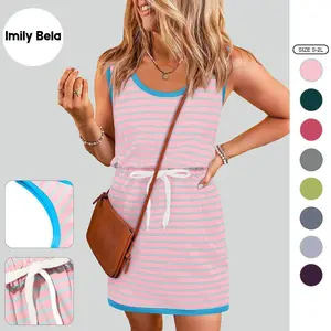 Imily Bela Cotton Summer Dresses for Women Striped Dress Drawstring Waist Casual Tank Mini Dresses with Pockets