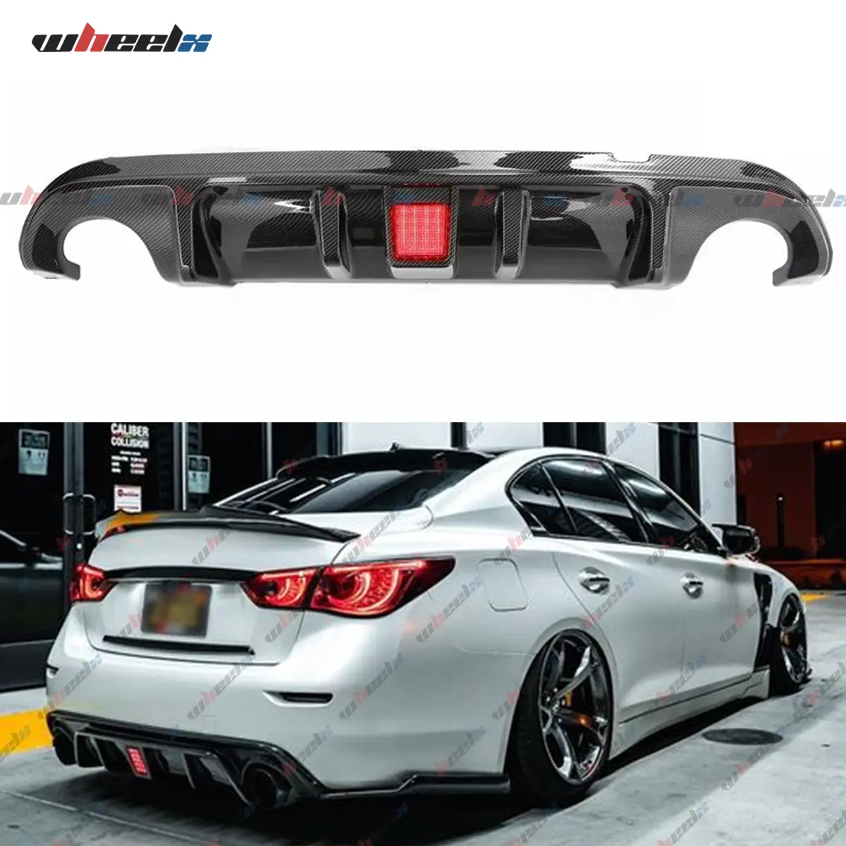 2014-2024 Infiniti Q50 - Rear Diffuser , Carbon Fiber Rear Bumper Accessory, F1-Style Shark Fin LED Lights, ABS Honeycomb Aero Design Sport Body Kit, Direct-Fit Exterior Upgrade