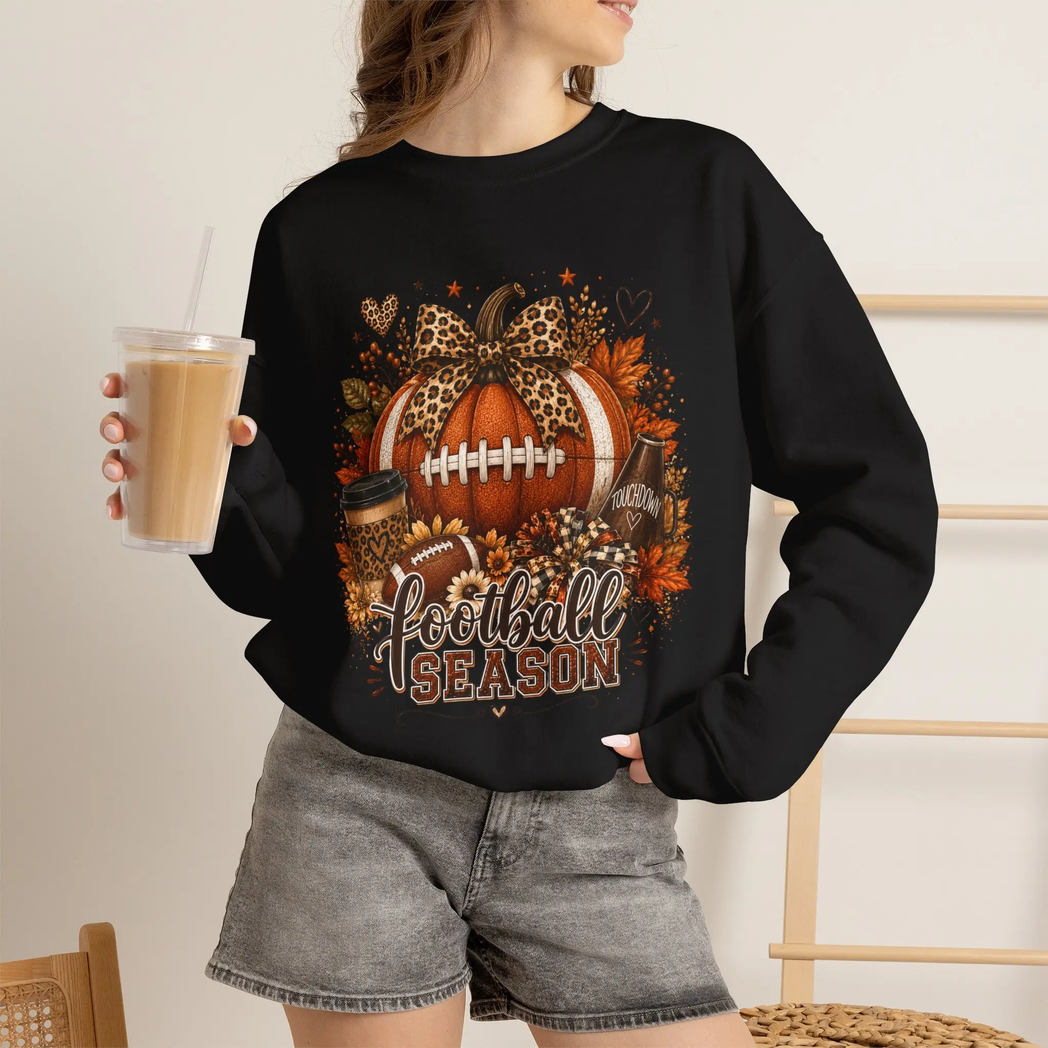 Men's Football Season Pumpkin Print Tubular Knit Crewneck Sweatshirt - Cotton Blend, Autumn Leopard Accents, Bow Design, Cold Wash Compatible Fashion Apparel