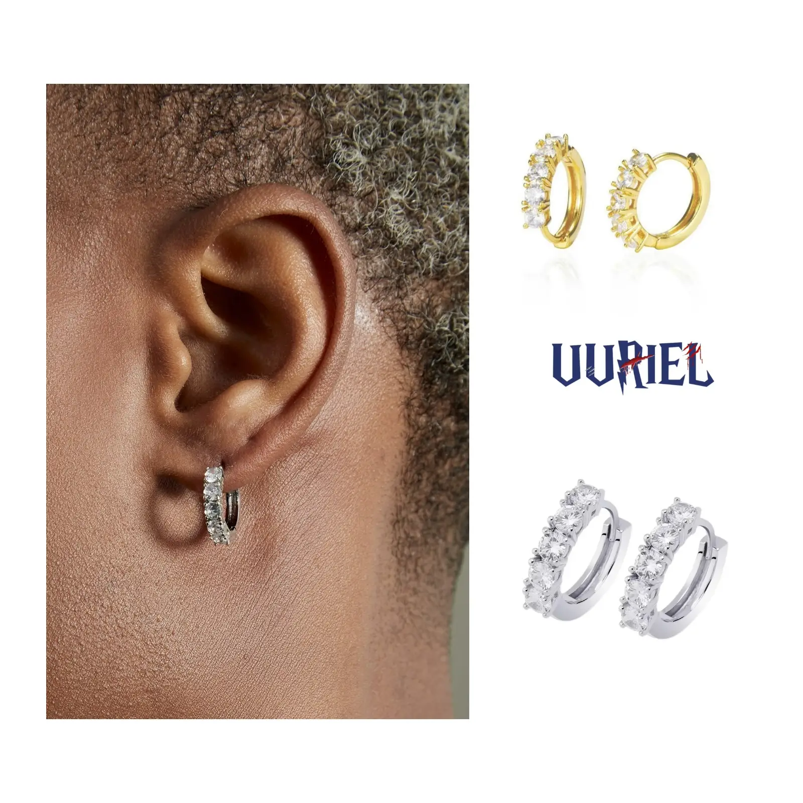 UJ hip-hop Ice single row five zircon earrings For Man&Woman, personality trend hip-hop earrings Jewelry Fathersdaygift Cubic Zirconia Stones