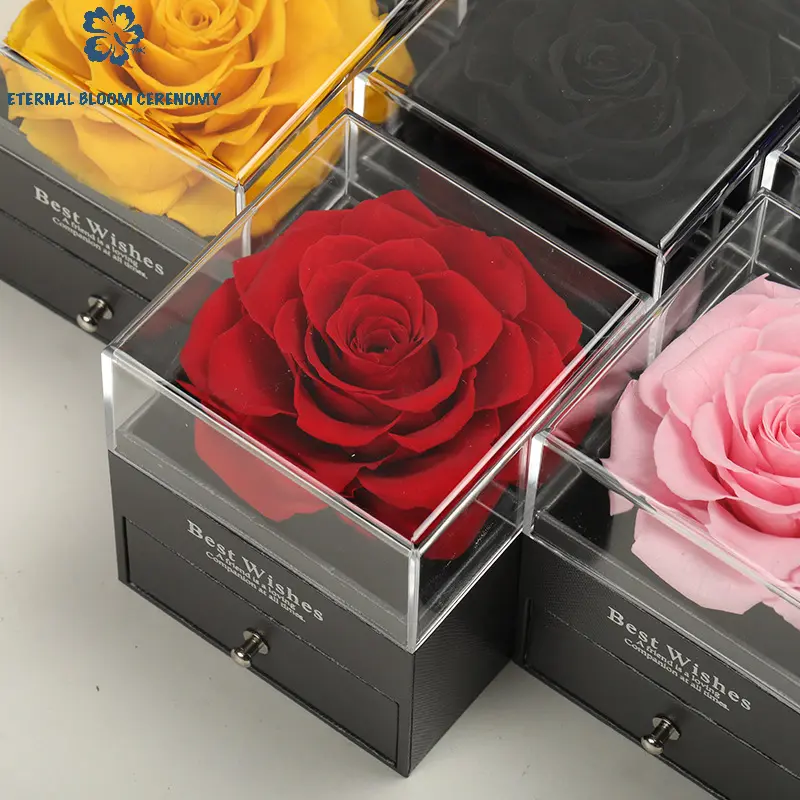 ETERNAL BLOOM Square Acrylic Jewelry Box with Preserved Flower - Dustproof Modern Accessory Organizer, Vanity Home Storage Drawer, Forever Love Keepsake Gift