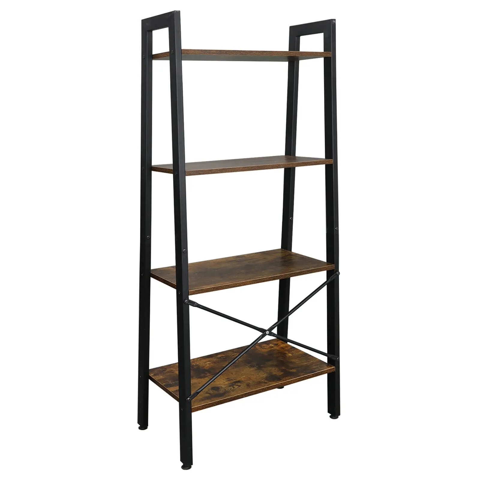 Segawe 4-Tier Durable Metal Ladder Bookshelf - Brown & Black Wooden Home Organizer, Collector Display Riser, Storage Rack Wall Holder