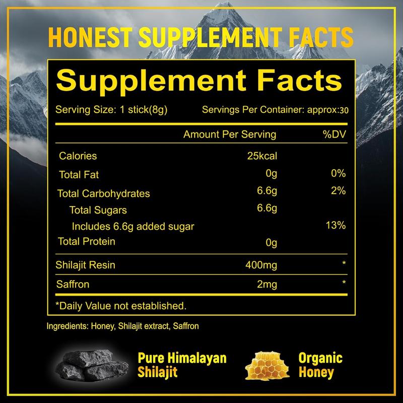 Shilajit Honey Sticks with Organic Saffron,85+Trace Minerals,75%+ Fulvic Acid,Enhance Cognitive Functions Boost Energy&Strength,30PCS