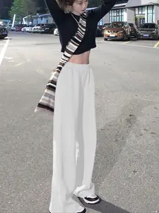 Women's Cream Color Knit Casual Sweatpants, Moderate Thickness Regular Fit Trousers for Spring & Autumn, Comfortable Lounge Pants