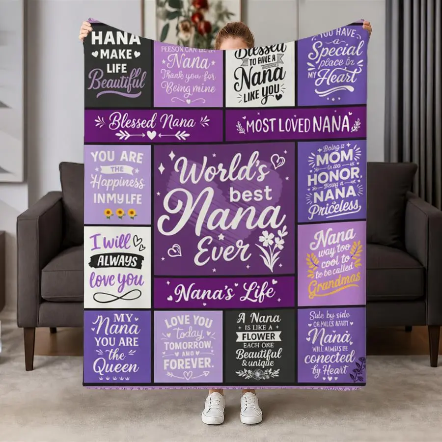 Cozy Nana Tribute Flannel Throw Blanket - Soft, Warm Polyester Blanket with Purple Floral, Heart Typography, Modern Design, All-Seasons Use, Machine-Washable for Couch, Bed, Perfect Grandmother Gift, Grandmothers