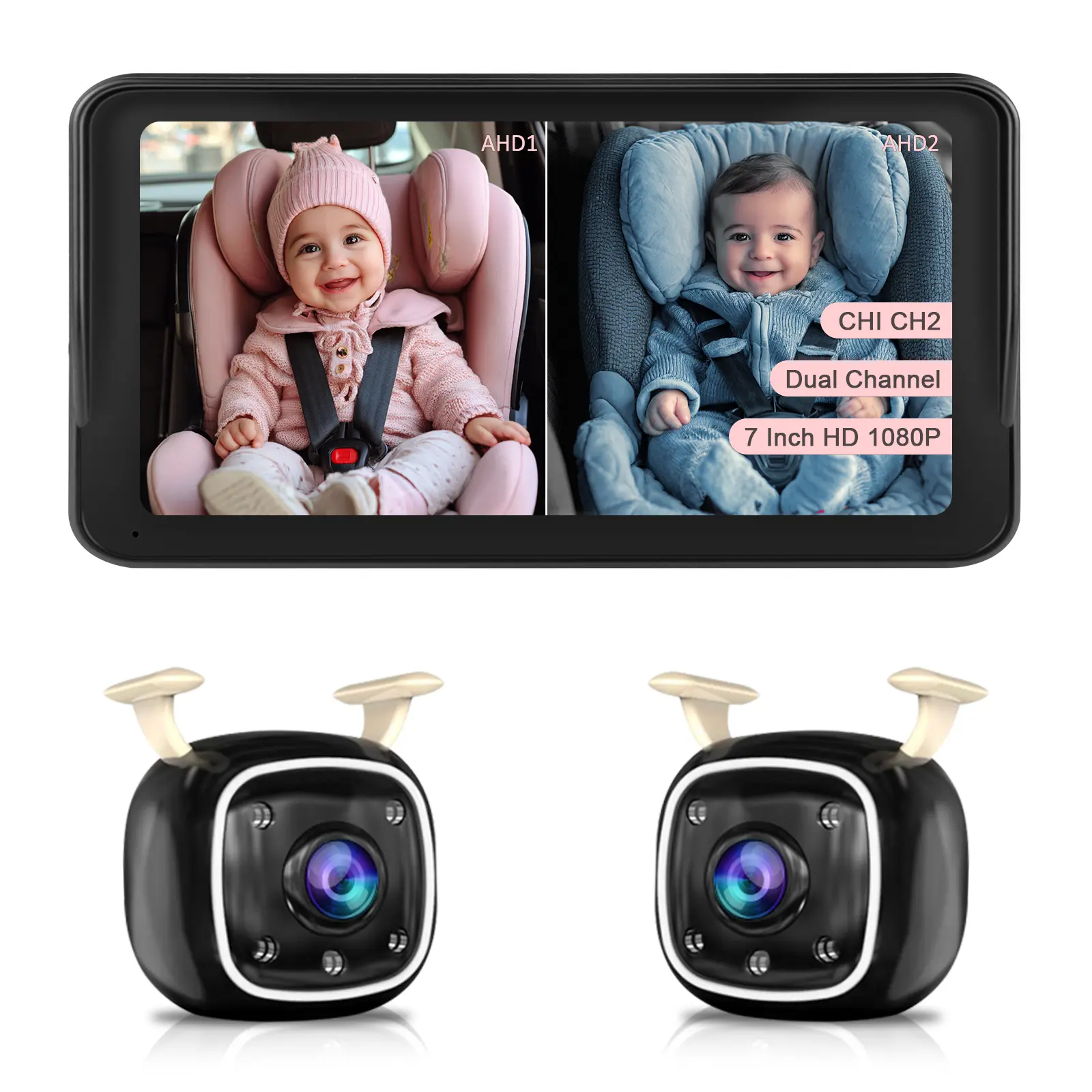 Dual Car Camera Baby Monitor with Recording, 7" Split Screen Backseat Camera, 1080P IR Night Vision, Easy Setup for Twins & 2 Kids