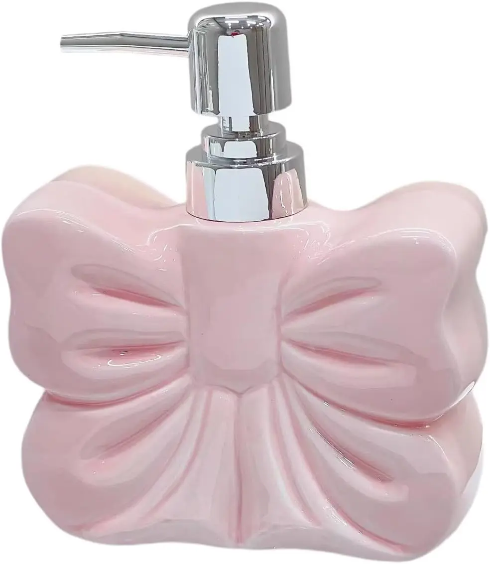 Ceramic Bow Shape Soap Dispenser with Plastic Pump Refillable Lotion Soap Bottle Empty Lotion Bottle for Bathroom Home Kitchen Decoration (Pink)