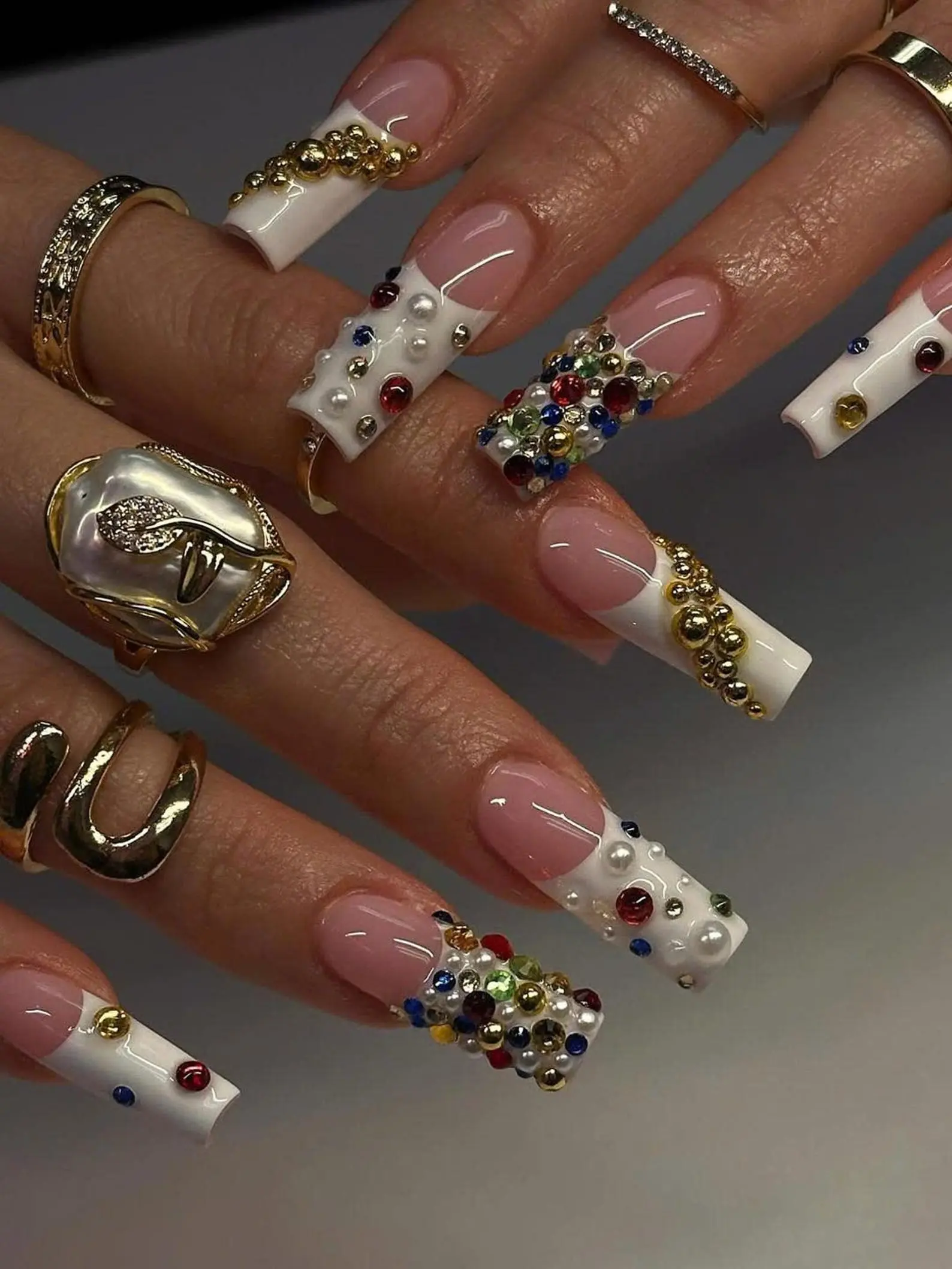 Luxury French Tip Press-On Nails, White Nails with Pearls and Colorful Rhinestones, Handmade Jeweled Faux Nails, Opulent Nails,Glam Nail Art