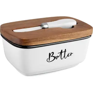 Ceramic Butter Dish with Lid and Knife for Countertop, Airtight Butter Keeper for Counter or Fridge, Butter Container with Thick Acacia Wood Lid, for Farmhouse Kitchen Decor and Accessories, White
