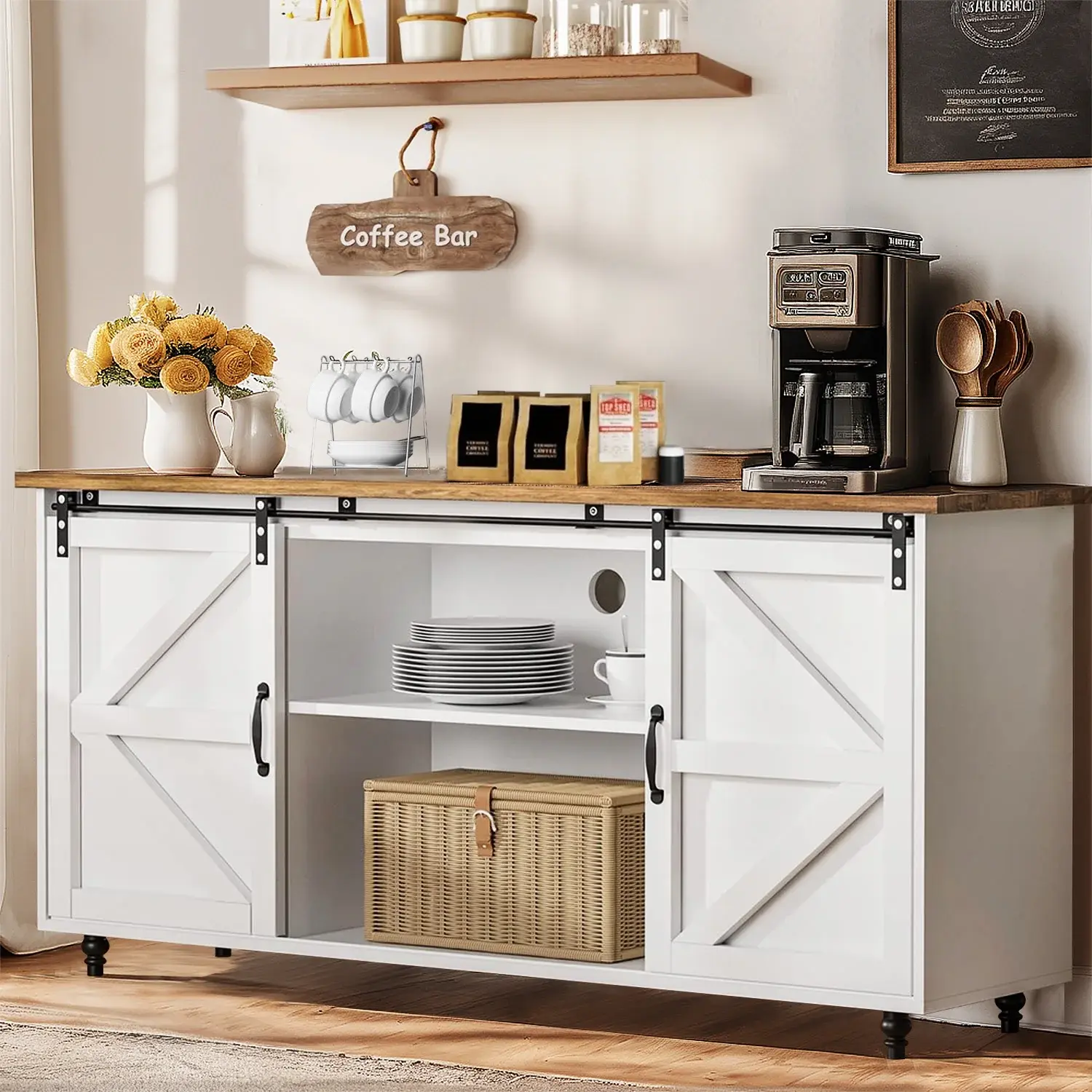 [SummerSale] HOMBCK Farmhouse Coffee Bar Cabinet, 58'' Kitchen Buffet Sideboard Storage Cabinet with Adjustable Shelves, White #home essentials#back to school
