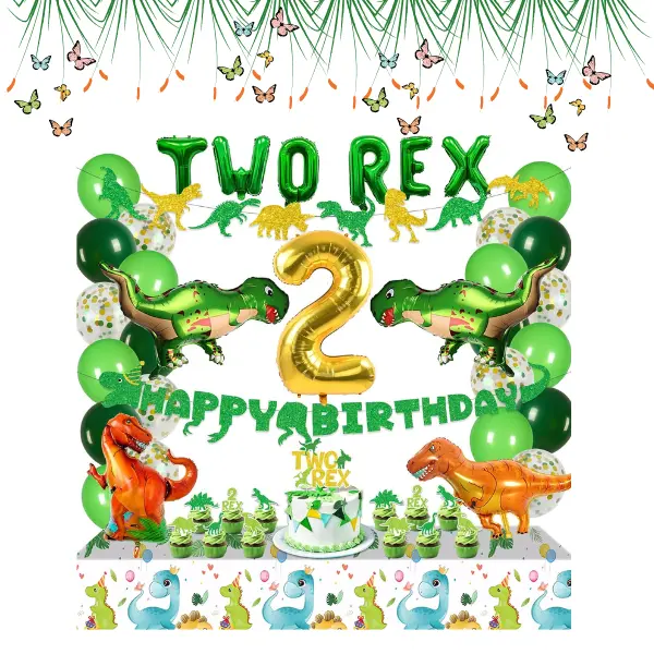 Two Rex 2nd Birthday Party Decorations for Boys – Dinosaur Birthday Supplies with Banner, Balloons, Cake Toppers & Tablecloth for Toddler Boy Dino Theme Party Gifts
