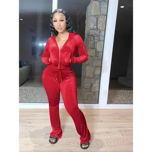 Women’s solid-color zip-up hooded sweatshirt and drawstring-waist velvet pants two-piece set; casual long-sleeve hoodie and autumn/winter pocketed pants; women’s everyday wear GARMENTARY