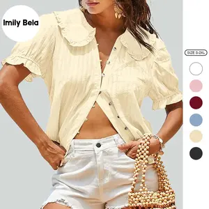 Imily Bela Womens Puff Sleeve Shirts Peter Pan Collar Button Down Cotton Blouse Casual Summer Textured Tops