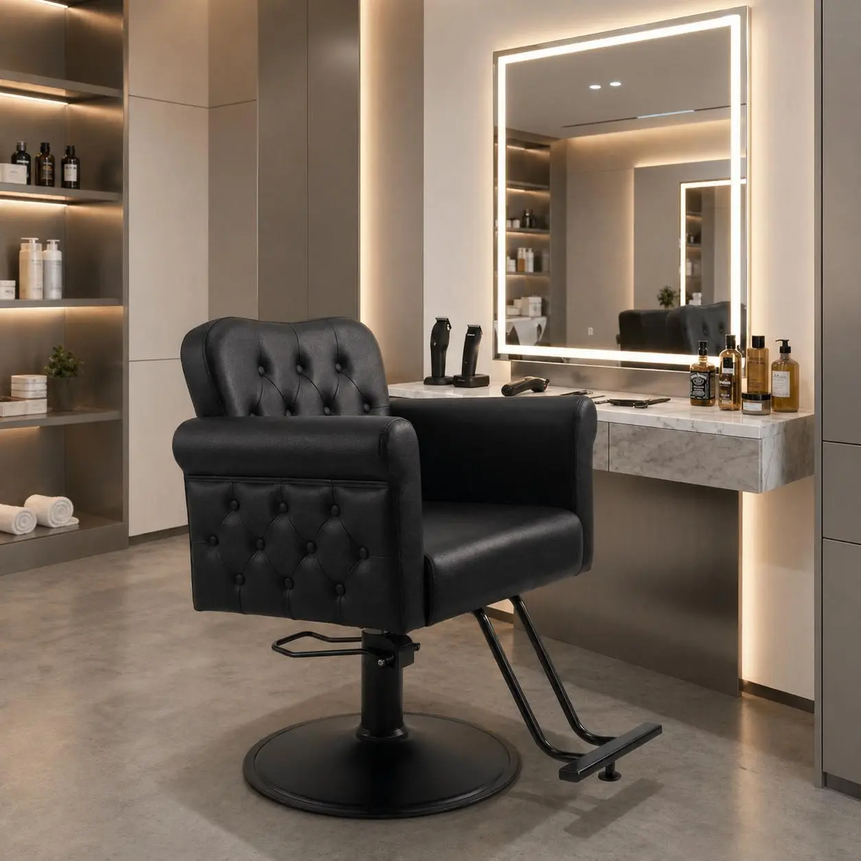 Salon Chair, PU Leather Barber Chair with 360° Swivel, Tufted Button, Metal Round Base & Hydraulic Lift Supports 330 lbs for Barbershop, Beauty Spa, Home for Hair Stylist