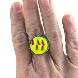 Handmade Authentic Softball Ring Adjustable with Yellow and Red Design Perfect for Sports Enthusiasts