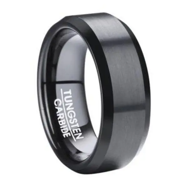 Black Tungsten Ring for Men with Flat Profile and Beveled Edges | 8mm