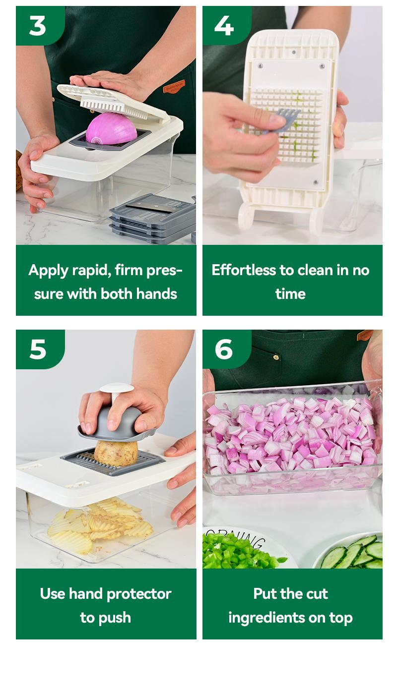 Simplify meal prep with our 8-piece multifunctional chopper set. It features a slicer and container for an efficient, all-in-one kitchen solution.