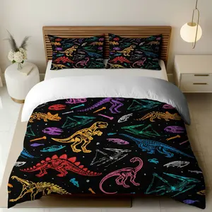3PCS Duvet Cover Set, 1 Duvet+2 Pillowcases(Without filler), Dinosaur Fossil Galaxy Space Multicolor Black theme, Halloween bedding set, Dinosaur Skeleton Pattern Suitable for decoration Bedroom Dormitory Guest Room Studio.