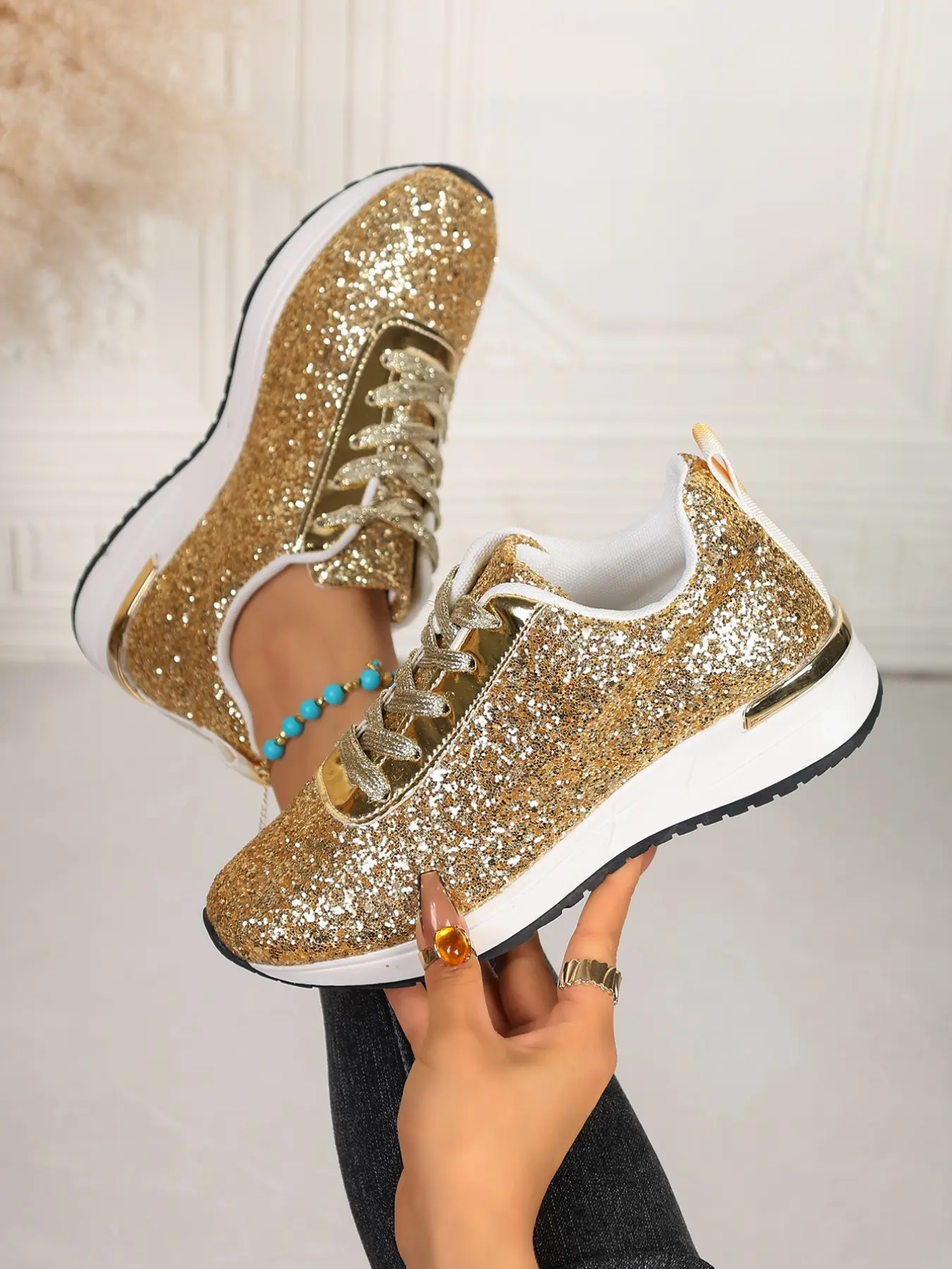 2026 Women's Shiny Gold Sequin Thick Sole Sneakers, Lace-Up Fashion Casual Shoes, Blingbl
