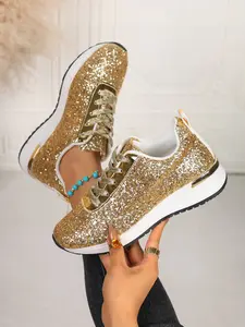 2026 Women's Shiny Gold Sequin Thick Sole Sneakers, Lace-Up Fashion Casual Shoes, Blingbl