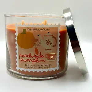 Bath & Body Works Porchside Pumpkin 3-Wick Candle Exclusively Fragranced Soy Wax Blend with Crisp Red Apple Warm Clove Spice and Golden Nectar for Nostalgic Fall Aroma