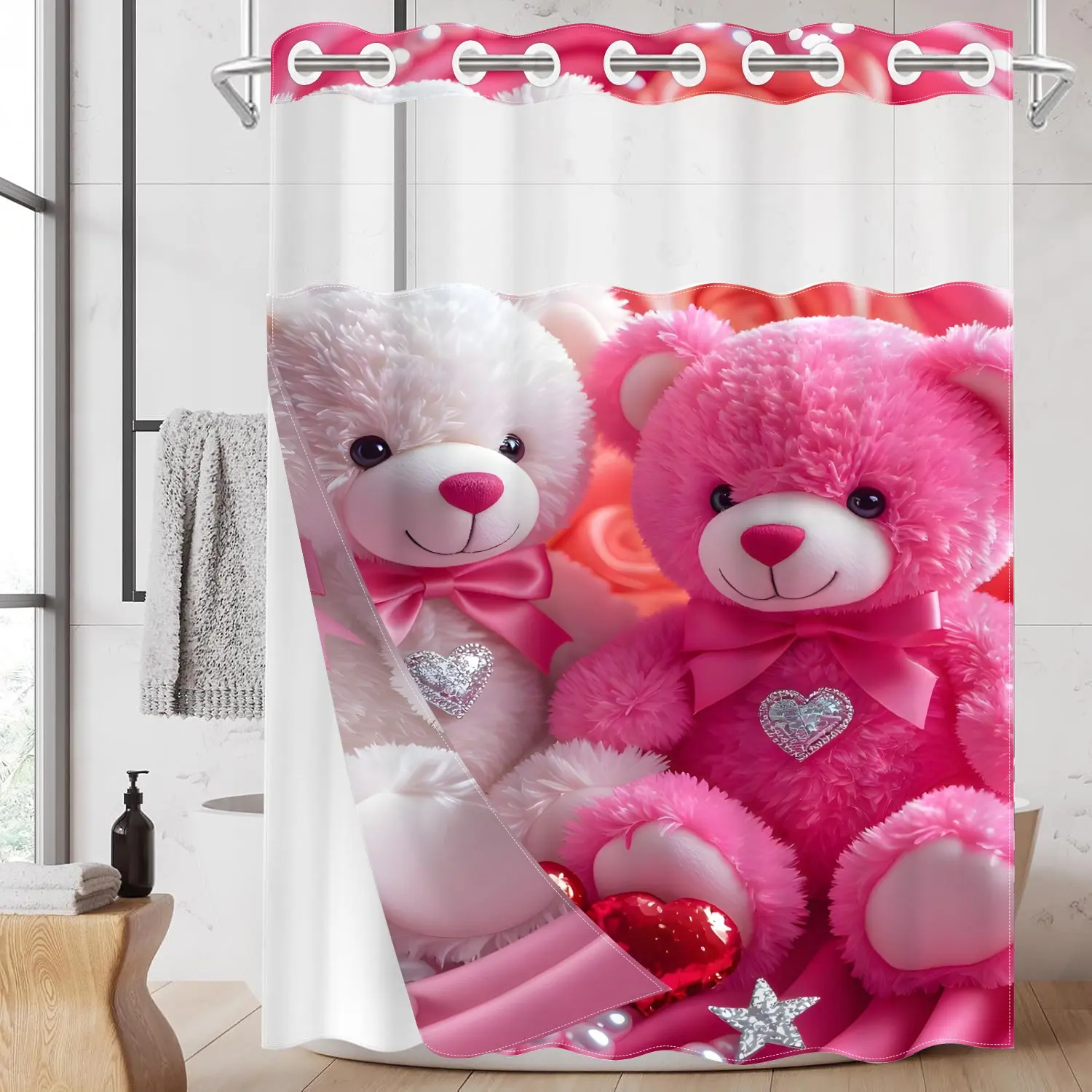 1PC 2D Flat Valentine's Day Heart Bear Pattern Double-Layer Woven Shower Curtain (No Hooks), Decorative Shower Curtain, Bathroom Shower Curtains, Shower Curtain, Transparent Top Window, Removable Lining with Clips, Holiday Decoration