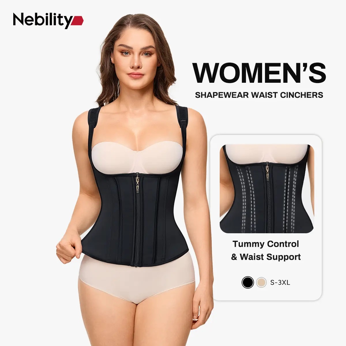 【LIVE】Nebility Women's Compressive Waist Trainer Corset Vest, Body-fitting Tummy Control Shapewear with 6 Steel Bones and Adjustable Straps, Adjustable Shapewear Belts