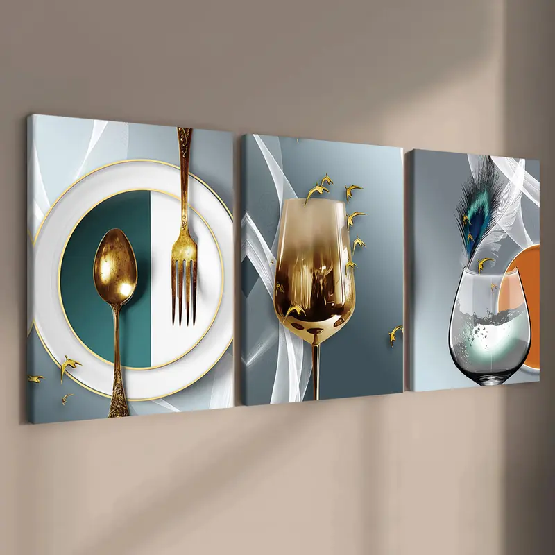 3-Piece Solid Wood Artistic Canvas Art Set, Modern Kitchen Dining Room Decor, High-Definition Waterproof Wall Posters, Wall Art for Kitchen, Art Prints, Fashionable Living Room Decoration, Wall Decor Pictures, Artwork